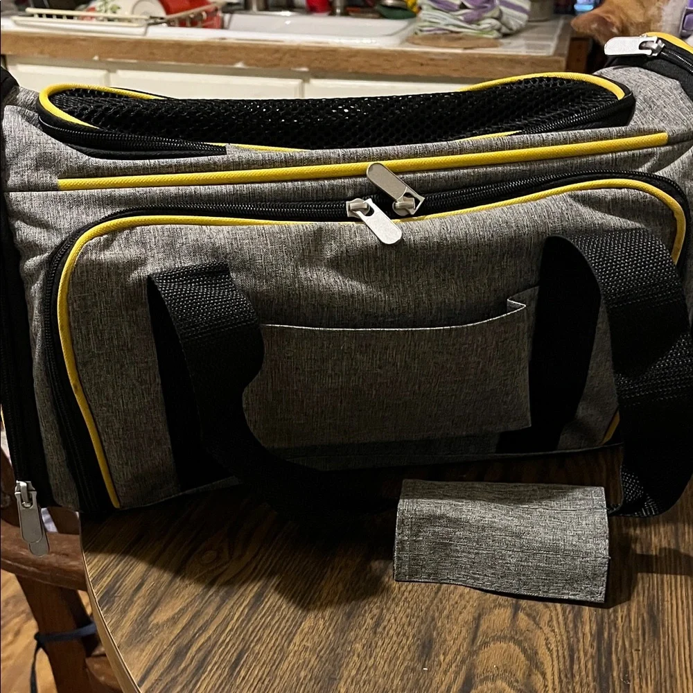 Gray and Yellow pet carrier